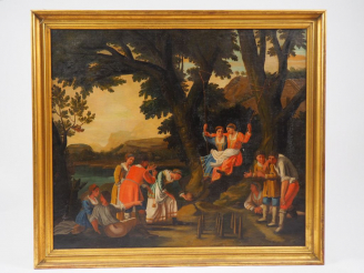 Vente aux enchères Ecole française XVIIIème. 'La partie de quilles'. Huile sur toile. Dim