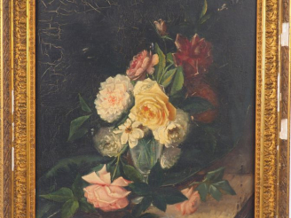 Vente aux enchères L. ESTRIGOS. 'Nature morte au bouquet de fleurs'. Huile sur toile, sig