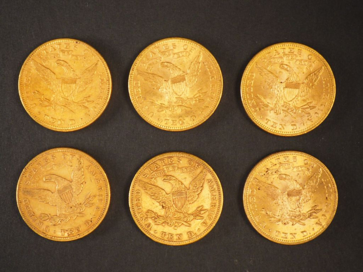 Six pièces de 10 Dollars or, 1880, 1893, 1894 (x2), 1896, 1901. FRAIS 