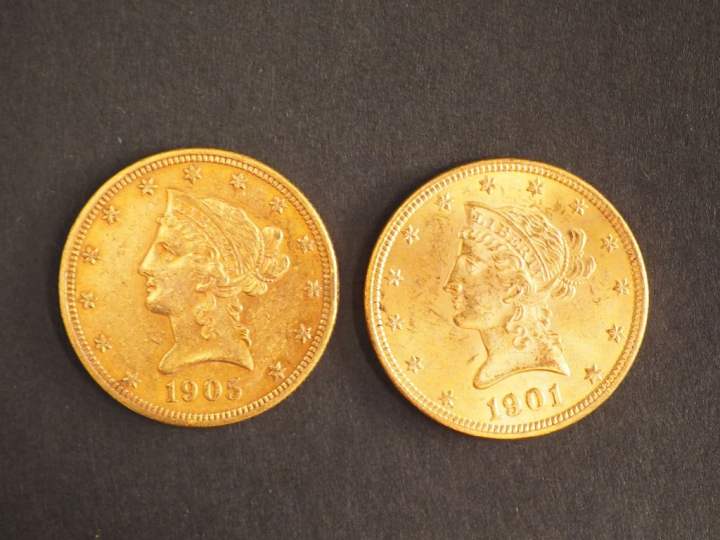 Deux pièces de 10 Dollars or, 1901 et 1905. FRAIS ACHETEURS : 5% TTC