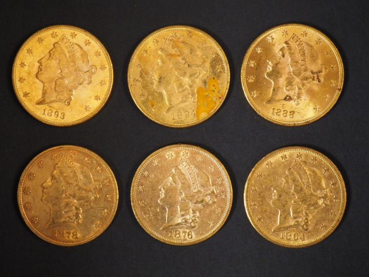 Six pièces de 20 Dollars or, 1864, 1876, 1878, 1888, 1893, 1894. FRAIS