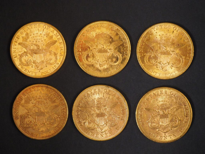 Six pièces de 20 Dollars or, 1864, 1876, 1878, 1888, 1893, 1894. FRAIS