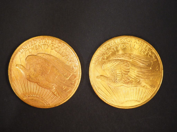 Deux pièces de 20 Dollars or, 1908 et 1923. FRAIS ACHETEURS : 5% TTC