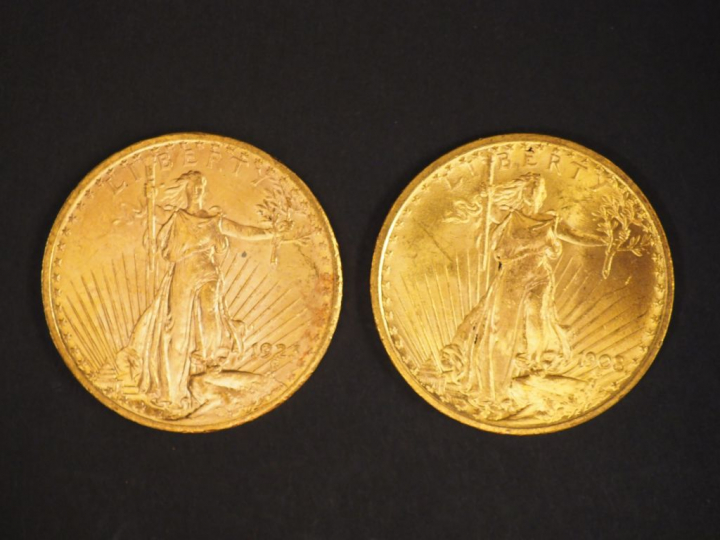 Deux pièces de 20 Dollars or, 1908 et 1923. FRAIS ACHETEURS : 5% TTC