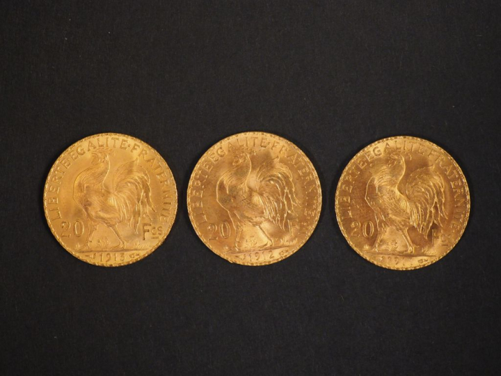 Trois pièces de 20 Francs or, 1911, 1912 et 1913. FRAIS ACHETEURS : 5%