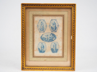 Vente aux enchères Gravure Directoire en camaïeu bleu. "Les muses" 14,8 x 10,5 cm