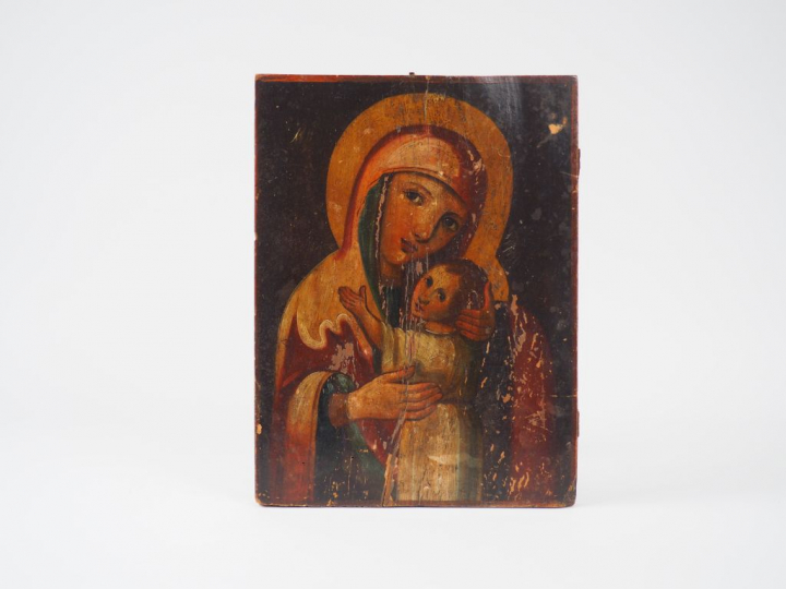 Icône XIXème en bois polychrome  "Vierge à l'Enfant" 35,2 x 26,5 cm (s