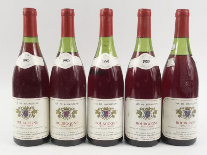 5 BOUTEILLES BOURGOGNE PINOT NOIR VIGNERONS DE MANCEY - 1980 - 1 PRÉSU