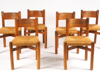 Vente aux enchères CHARLOTTE PERRIAND. Suite de 6 chaises "Méribel", piètement et structu
