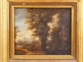 Vente aux enchères 	Ecole française XVIIème  « Paysage à la fontaine » Huile sur toile. D