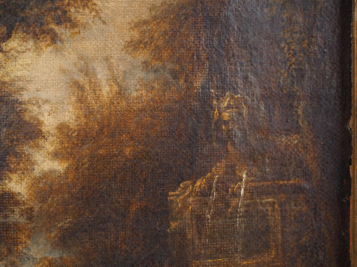 	Ecole française XVIIème  « Paysage à la fontaine » Huile sur toile. D
