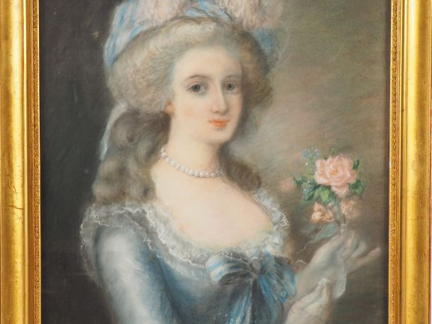 Ecole française début XIXème  "portrait de dame au bouquet".  Pastel. 