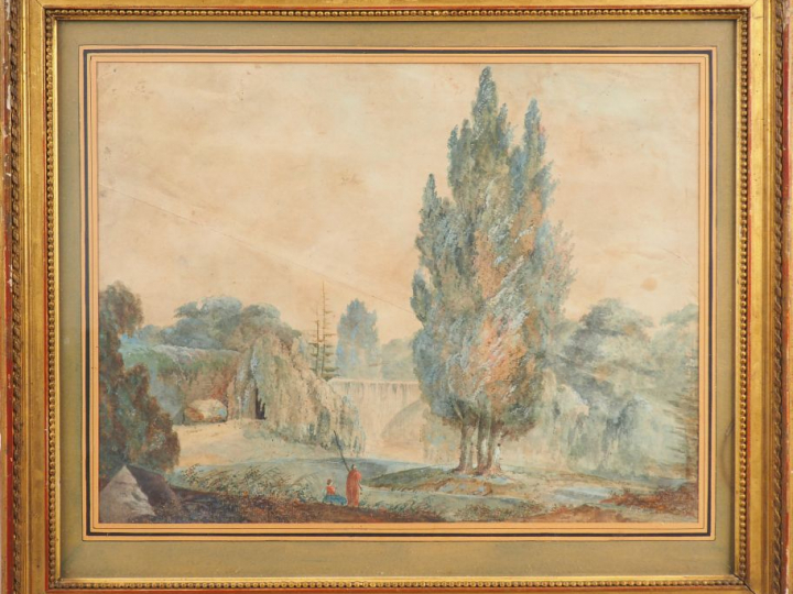 Ecole française début XIXème  « Paysage animé » Aquarelle. Dim. 29,5 x