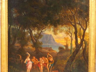 Vente aux enchères Ecole française XIXème "Paysage lacustre aux nymphes". Grande Huile su
