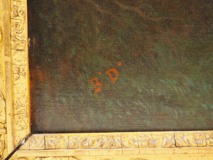 Ecole française XIXème "Paysage lacustre aux nymphes". Grande Huile su