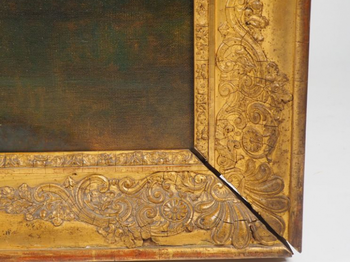 Ecole française XIXème "Paysage lacustre aux nymphes". Grande Huile su