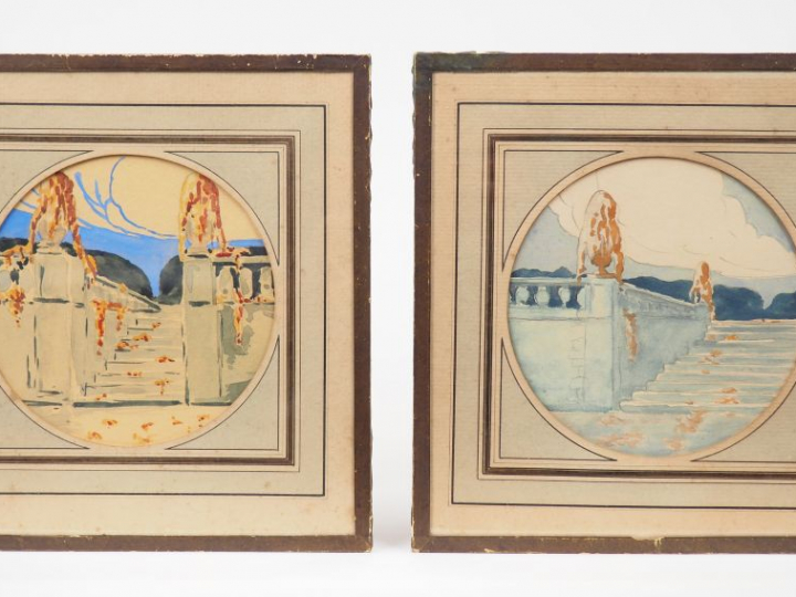 Ecole française Art Déco "Vues de parc".  Paire d'aquarelles au pochoi