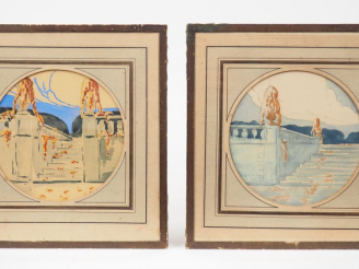 Vente aux enchères Ecole française Art Déco "Vues de parc".  Paire d'aquarelles au pochoi