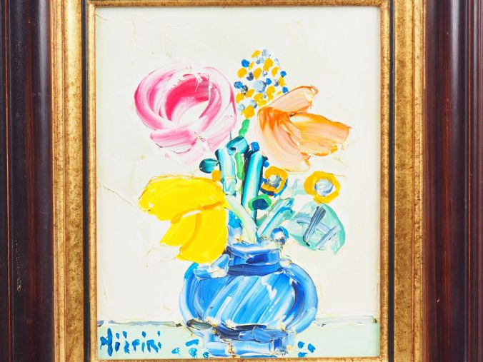 P. AIZPIRI.  "Bouquet de fleurs dans un vase" Huile sur toile, signée 