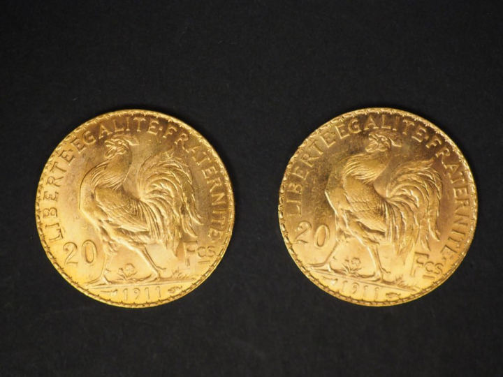 2 pièces de 20 francs or.1911. FRAIS ACHETEURS : 5% TTC