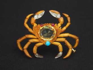Vente aux enchères Broche 1930 en or en forme de crabe ornée de diamants taillés en rose,