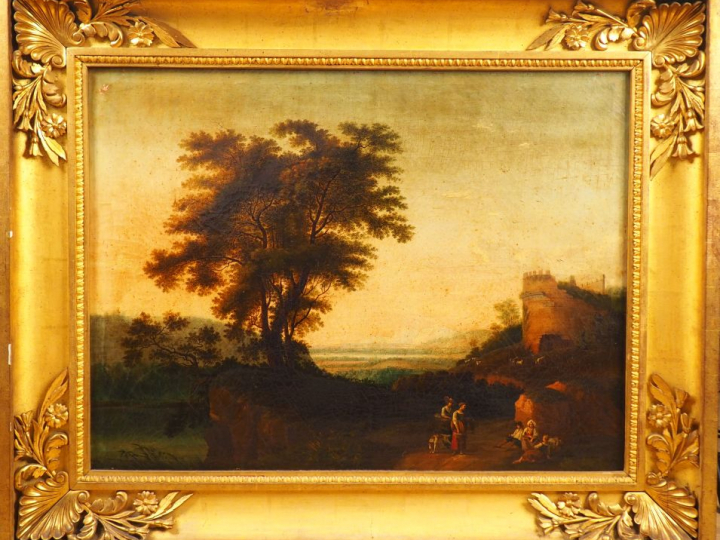 Ecole italienne début du XIXème "Paysage animé avec personnages et rui