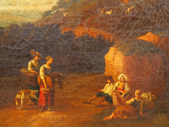 Ecole italienne début du XIXème "Paysage animé avec personnages et rui