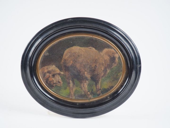 Ch. JACQUES.  "Les moutons". Huile sur panneau d'acajou signée en bas 