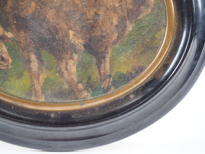 Ch. JACQUES.  "Les moutons". Huile sur panneau d'acajou signée en bas 
