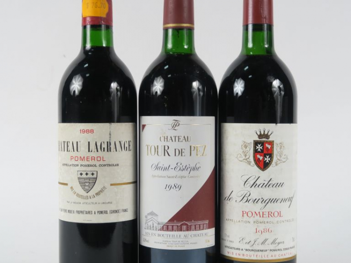 3 BOUTEILLES : 1 CHÂTEAU LAGRANGE POMEROL 1988 BG - 1 CHÂTEAU DE BOURG