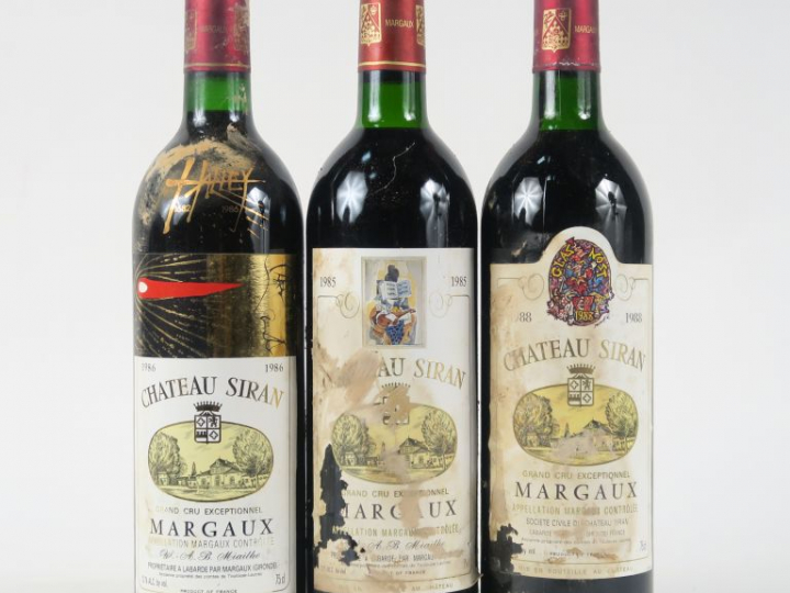 3 BOUTEILLES CHÂTEAU SIRAN MARGAUX : 1 de 1985 LB/EA - 1 de 1986 BG/EA