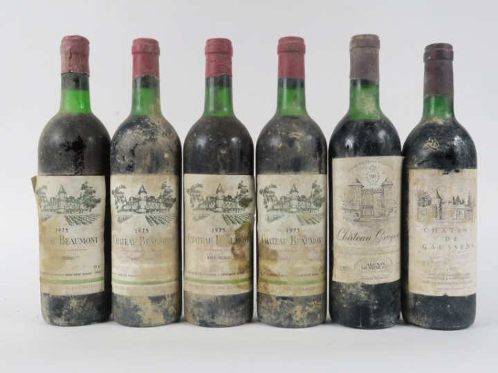 6 BOUTEILLES : 4 CHÂTEAU BEAUMONT HAUT MEDOC 1975 LB - 1 CHÂTEAU GREYS