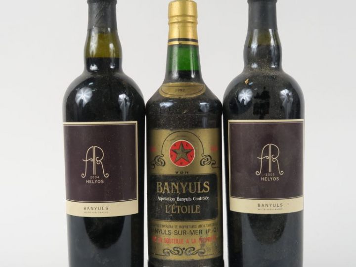 3 BOUTEILLES BANYULS : 1 L'ETOILE 1982 - 2 HELYOS : 1 de 2004 - 1 de 2