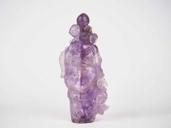 Statuette en améthyste figurant Zhuolao accompagnée d'un enfant  Chine