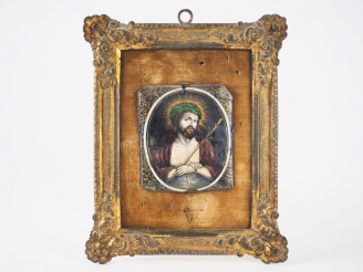 Vente aux enchères Plaque en émail peint polychrome avec rehauts d'or représentant le Chr