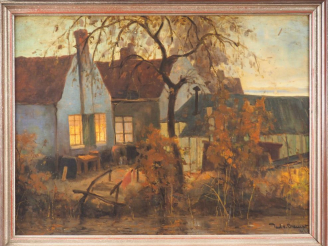 Vente aux enchères Paul VAN BREMPT. "Chaumière en Hollande". Huile sur panneau, signée et