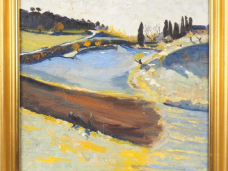 Vente aux enchères Jean Emile LAURENT. "Paysage à la rivière". Huile sur toile, signée en