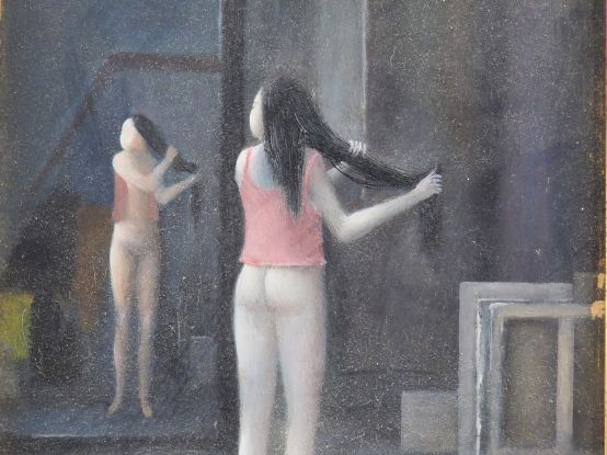 Jacques VOYET. "Devant le miroir". Huile sur panneau, signée en bas à 