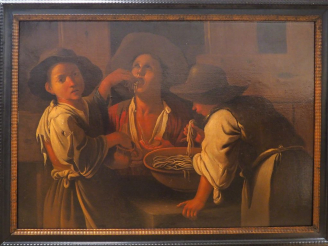 Vente aux enchères Attribué à GiUSEPPE ROMANI  "Les mangeurs de spaghettis" Toile Hauteur