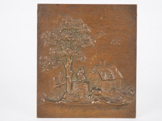 Vente aux enchères Jean ROMAGIEWICZ. "La ferme". Plaque en bronze à patine médaille signé