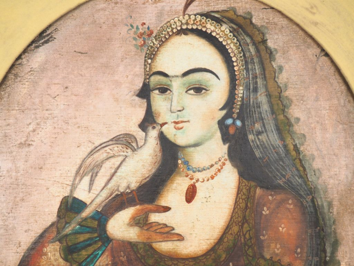 Ecole persane fin XIXème - début Xxème. "Jeune fille à l'oiseau".  Hui