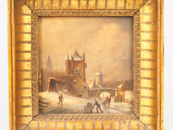 Ecole du Nord XIXème. "Paysage d'hiver animé". Petite huile sur pannea