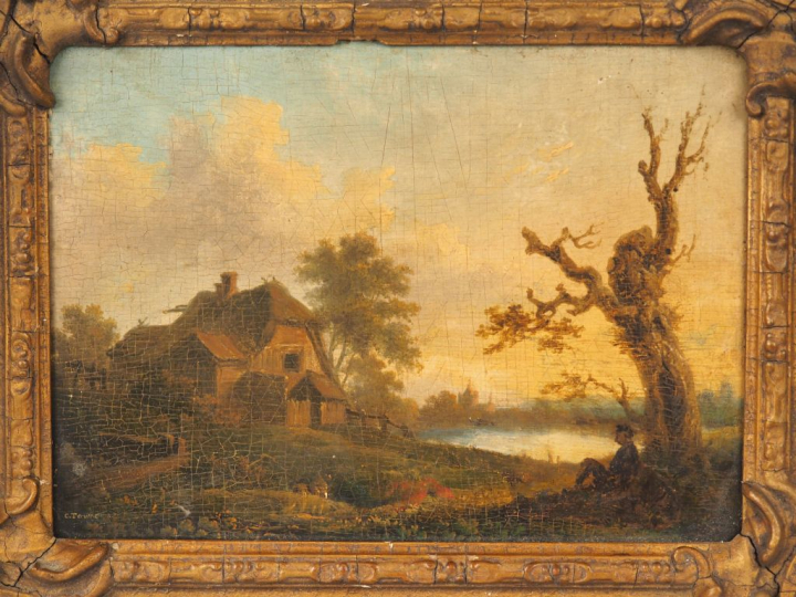 C. TOWNE. "Repos près de l'étang". Huile sur panneau, signée en bas à 