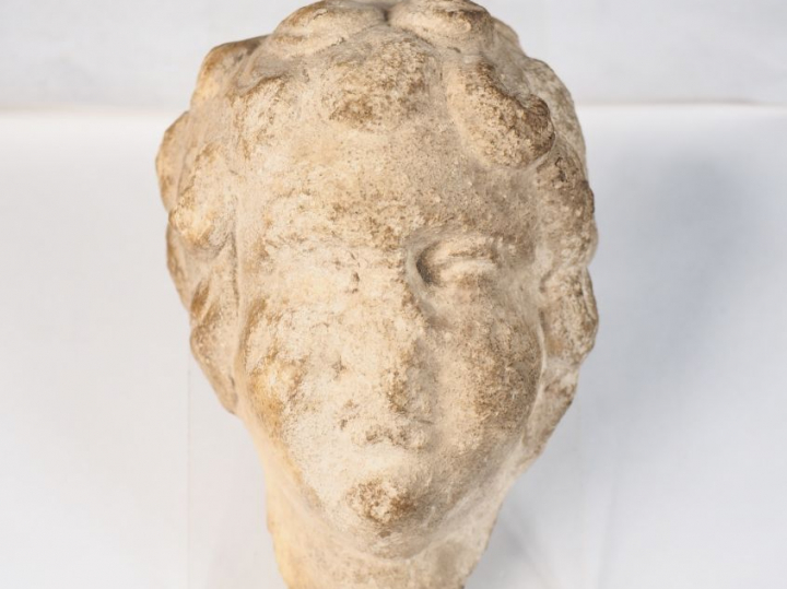 Tête en pierre calcaire sculptée aux yeux fendus et à la chevelure bou