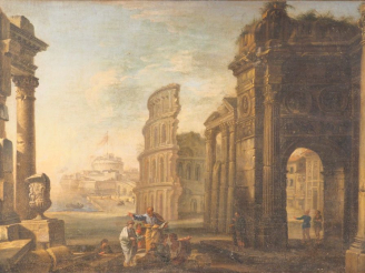 Vente aux enchères Ecole italienne XVIIIème. "Personnages dans les ruines de la Rome anti