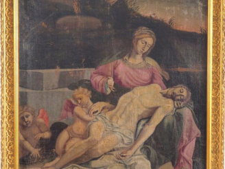Vente aux enchères Ecole française XVIIIème. "La pieta". Huile sur toile, marouflée sur p