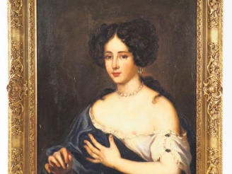 Vente aux enchères Ecole française XIXème "Portrait de jeune femme au collier de perles" 