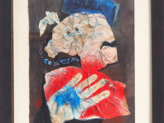 Vente aux enchères Antoni CLAVE. "Portrait au chapeau bleu". Technique mixte, collage sur