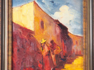 Vente aux enchères Josep GAUSACHS. "Personnages dans une ruelle d'Eivissa". Huile sur toi