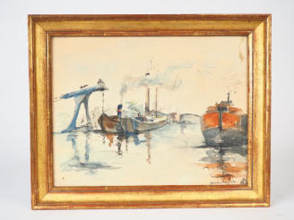 Vente aux enchères Fernand HERBO. "Chalutiers en Bretagne". Aquarelle signée en bas à dro